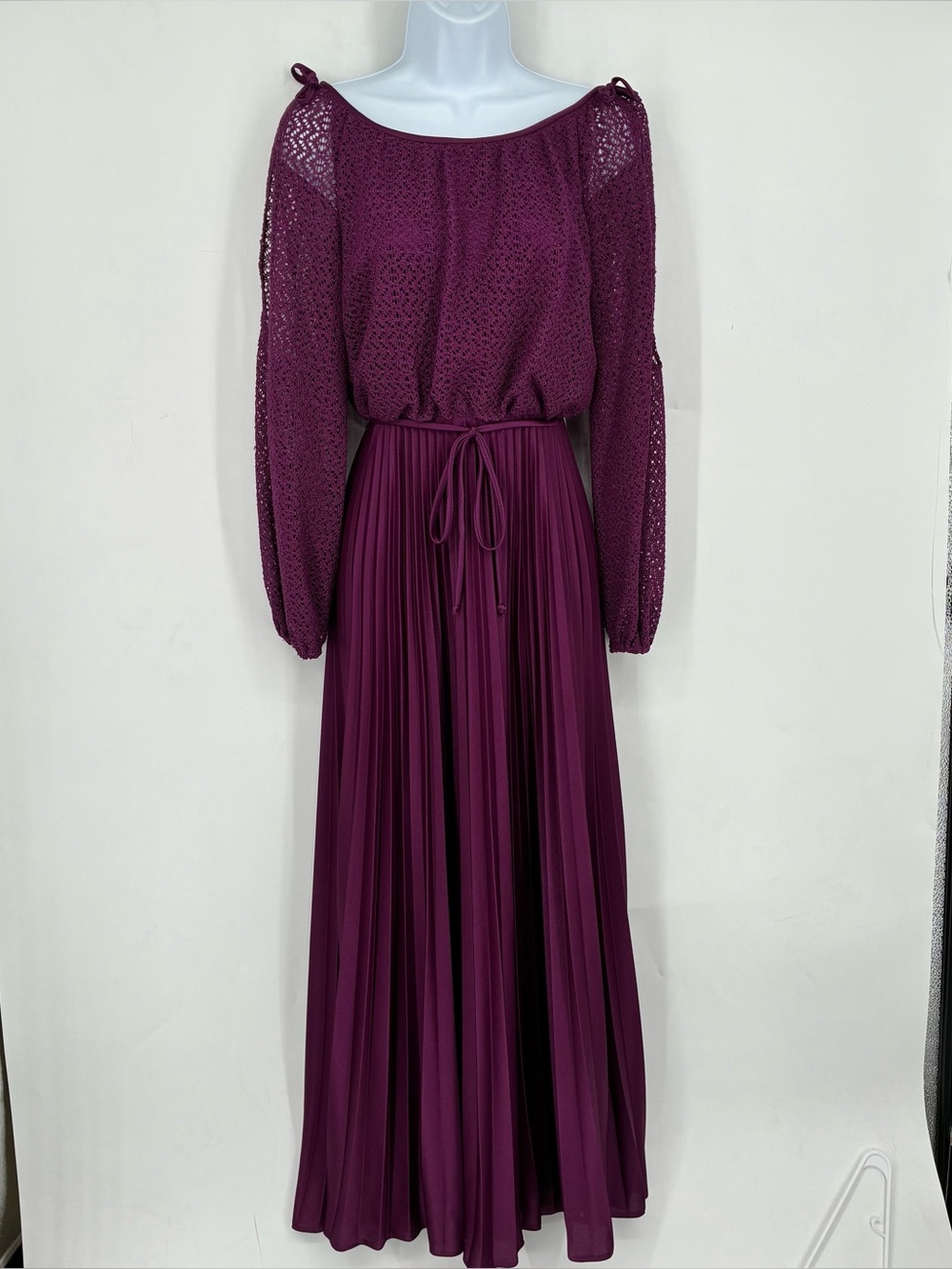 Vintage 70s Purple Pleated Crochet Long Sleeve Maxi Dress Formal Belt Hippie